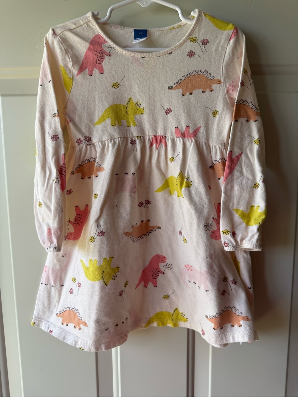 4T Old Navy Cream Dress with Pink and Yellow Dino Print